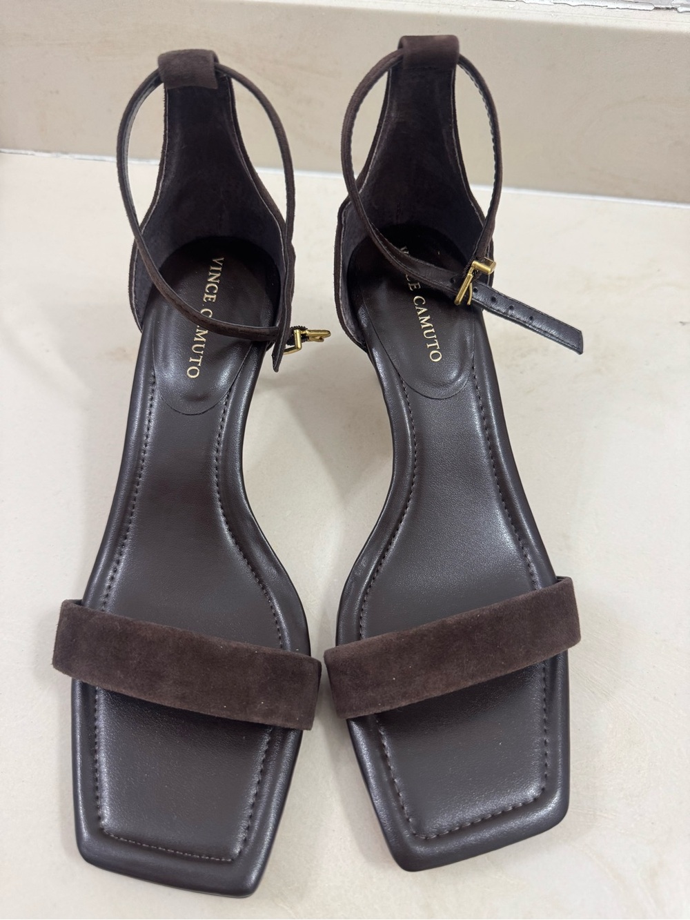 Vince Camuto Dark Brown Suede Square-Toe Ankle-Strap Sandals